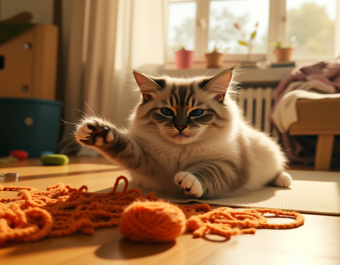 Cat pounces on a colorful ball of yarn on a wooden floor. The scene is bathed in soft sunlight streaming through a window, with a cozy room in the background.